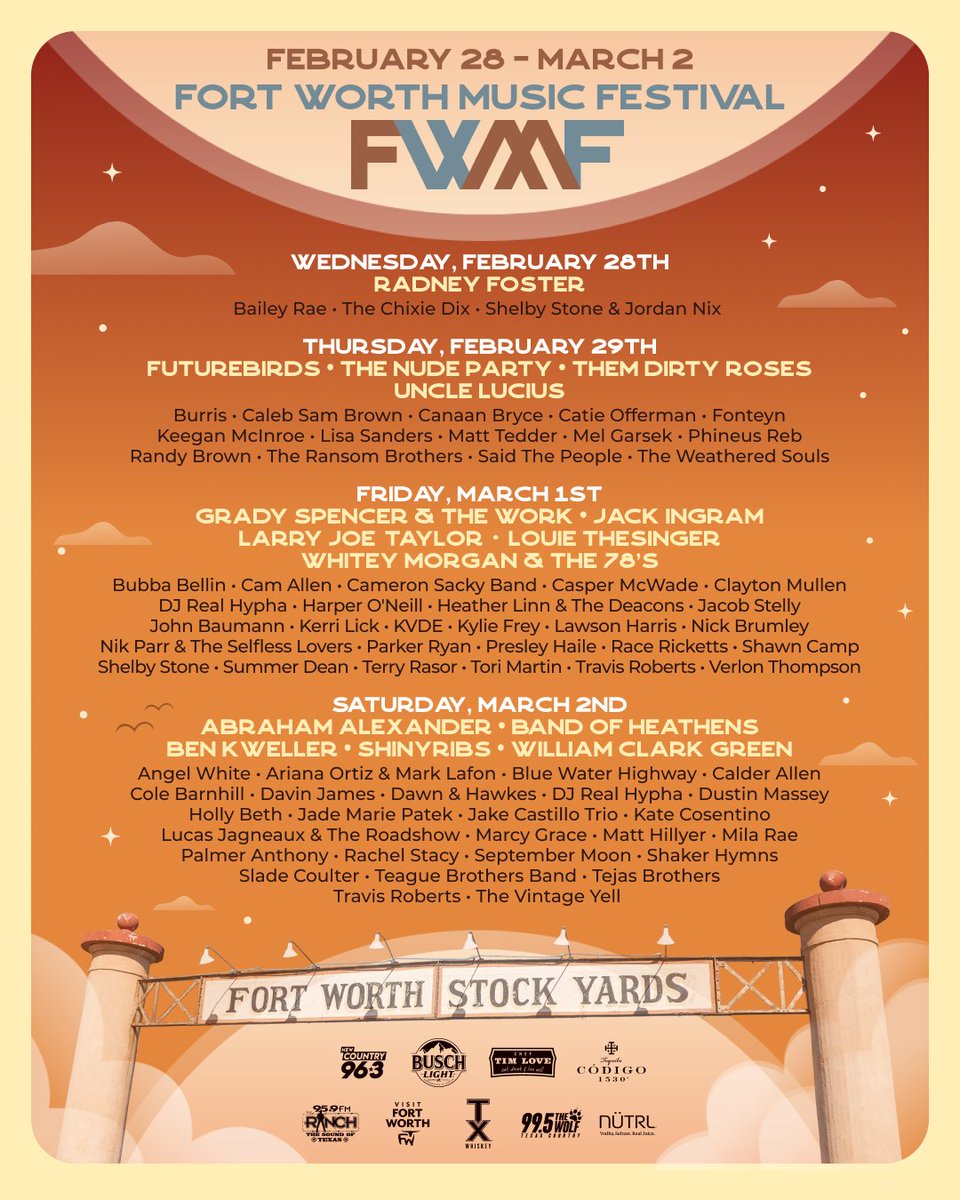 txmusicoffice's tweet photo. Texas Music Office Director Brendon Anthony will give the Keynote Address to open the 2nd Annual Fort Worth Music Festival & Conference in the historic Fort Worth Stockyards on February 28, at 7:15PM.
2nd Annual #FWMF Feb. 28-Mar 2
More info https://t.co/qW85QXbURl https://t.co/8C1Q2ri7Qq