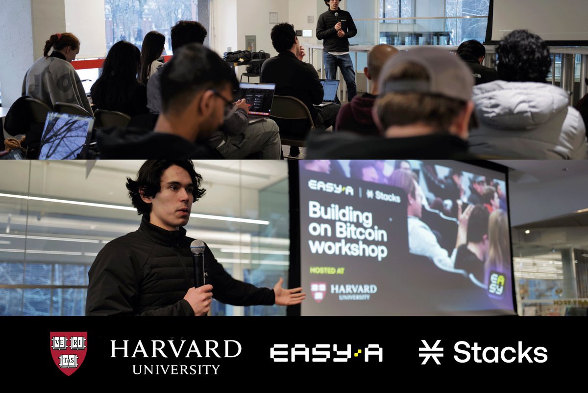 Stacks goes <a href="/Harvard/">Harvard University</a> 🟧

Students at Harvard University got introduced to Stacks, creating their first smart contract on the leading Bitcoin L2.

All made possible by the <a href="/easya_app/">EasyA 🤳📱</a>, making it easy for everyone to learn smart contract development. (1/3) 🧵