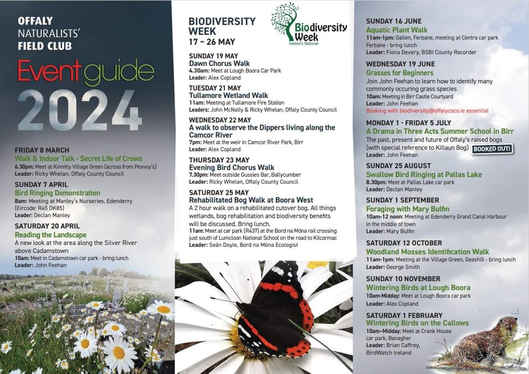 Hot off the presses...#Offaly Naturalist's Field Club 2024 events programme. Full of all sorts of great free events for #nature lovers. You can download a copy on the @offalycoco website here: offaly.ie/offaly-natural….