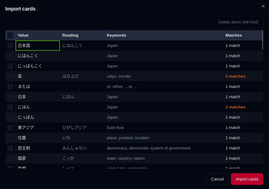 This is how you would import vocabulary flashcards from text into lingaku.

Next, I will work on importing from structured files (csv/tsv).

(The text is from the Wikipedia page about Japan)

#buildinpublic #japanese