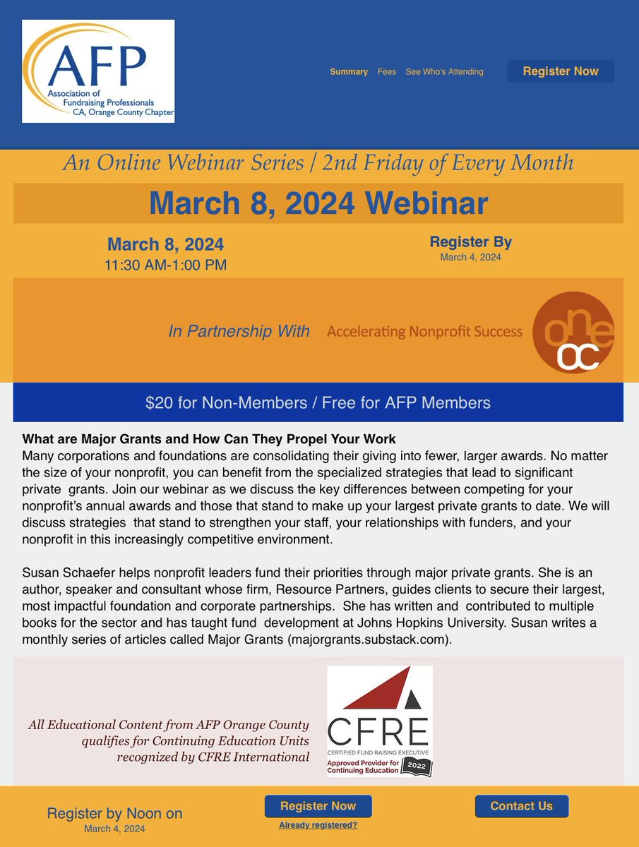 AFPOrangeCounty's tweet image. Join AFPOC for Our Online Webinar Series
March 8, 2024
11:30 AM-1:00 PM
Register By March 4, 2024
$20 for Non-Members / Free for AFP Members!

What are Major Grants and How Can They Propel Your Work?

For More Info &amp;amp; to Register: bit.ly/AFPOCMar2024We…