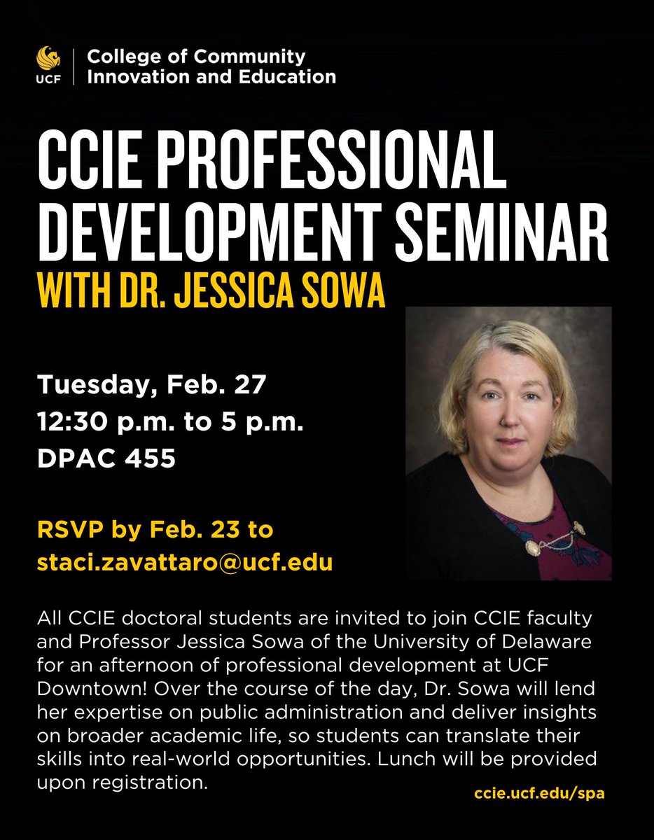 UCF School of Public Administration (@spaucf) on Twitter photo Calling all <a href="/UCFCCIE/">UCFCCIE</a> doctoral students! 📣
Professor Sowa of the <a href="/UDelaware/">Univ. of Delaware</a> will be with us tomorrow, February 27, at <a href="/UCFDowntown/">UCF Downtown</a>, providing expertise on academic life.
If you'd like to attend this professional development opportunity, email staci.zavattaro@ucf.edu now! Calling all <a href="/UCFCCIE/">UCFCCIE</a> doctoral students! 📣
Professor Sowa of the <a href="/UDelaware/">Univ. of Delaware</a> will be with us tomorrow, February 27, at <a href="/UCFDowntown/">UCF Downtown</a>, providing expertise on academic life.
If you'd like to attend this professional development opportunity, email staci.zavattaro@ucf.edu now!