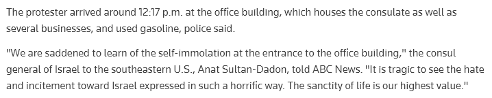 Aaron Bushnell's death is also a reminder of the pro-Palestinian protestor who self-immolated in Atlanta last December, as well as the completely insane response from the israeli consolate where it happened reuters.com/world/us/prote…