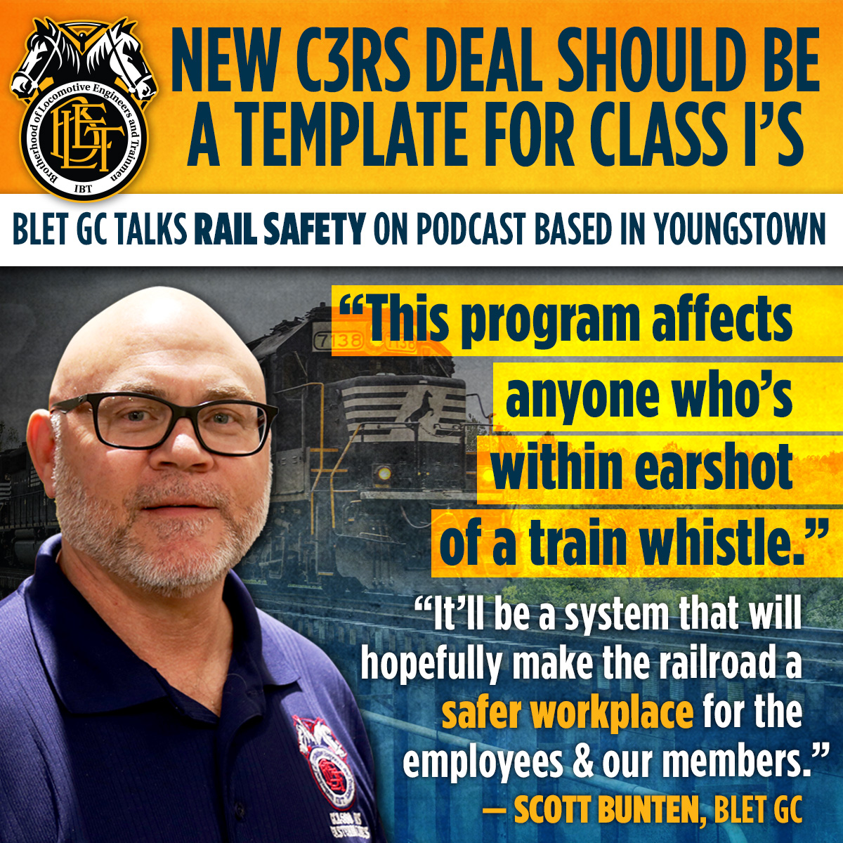BLET's tweet photo. Want to know more about the BLET’s recently signed Confidential Close Call Reporting System (C3RS) pilot program with Norfolk Southern? Listen to a podcast featuring BLET General Chairman Scott Bunten (Norfolk Southern-Eastern Lines GCA).

Listen here: https://t.co/lpFpBwaQcX https://t.co/WmfSUGD2Ci
