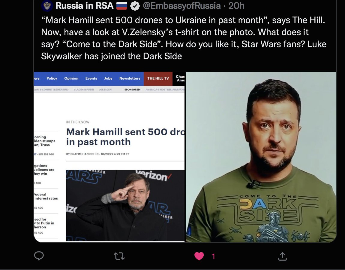 Hey @EmbassyRussia- tell me you don't understand #StarWars without telling me you don't understand #StarWars. 🇷🇺
(hint: the Ukrainian people are the Rebels-YOU are the Evil Empire)

Swing and a miss Russkies, but thanks for playing! 🙏

(PS: I remain profoundly honored to have… https://t.co/JSG6CVFM0K 