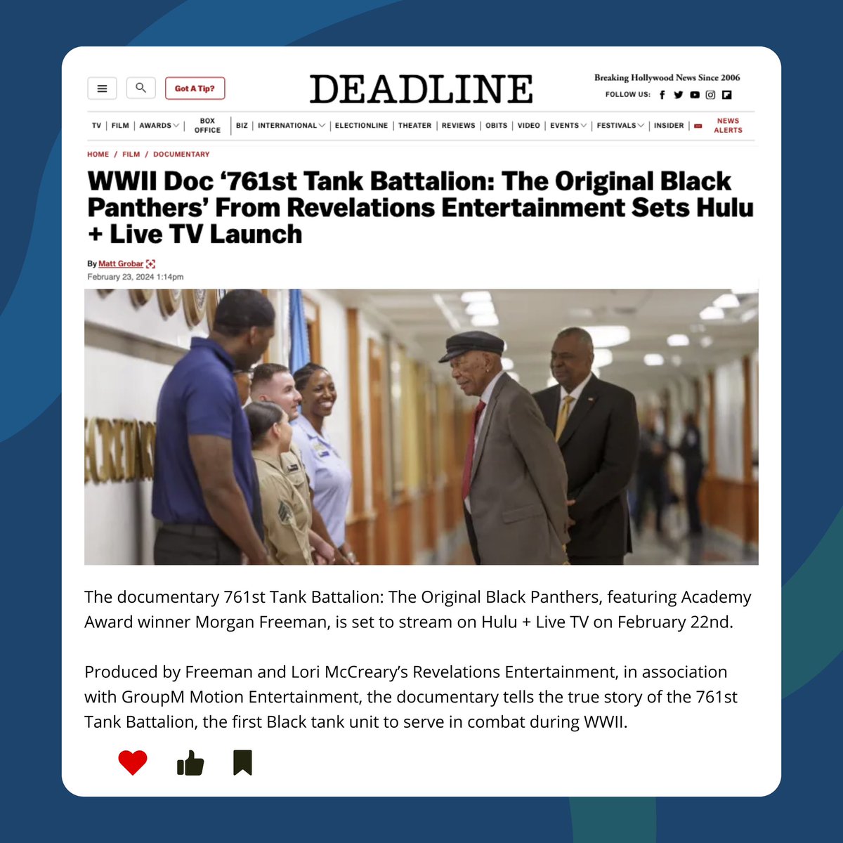 LoriMcCreary's tweet photo. 761st is now on Hulu Live+ TV!
Make sure you add us to your watch list!
#761stTankBattalion #hulupluslivetv #debut #RevelationsEntertainment #TheOriginalBlackPanthers #WatchList #BlackHistoryMonth #WWII #ComeOutFighting #USMilitaryHistory #HistoryChannel https://t.co/krOse3zdqw