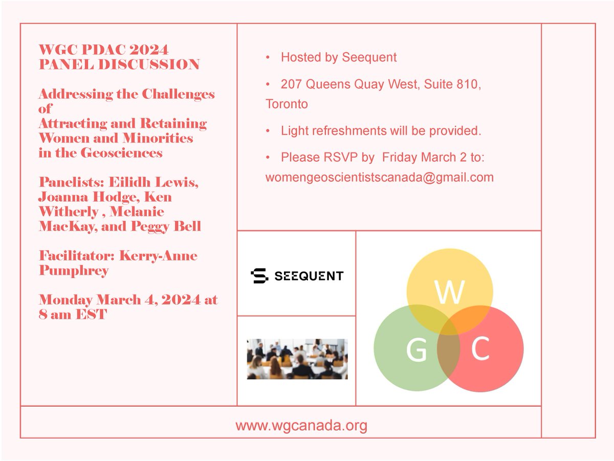 WGC - Seequent PDAC Panel Discussion on Worker Retention from 5 Unique Perspectives in the Geosciences!
In-person &amp; Virtual
Free - conference registration is NOT required
Monday, March 4th, 2024 at 8:00 - 10:00 am EST
Register: womengeoscientistscanada@gmail.com
#Career #geology