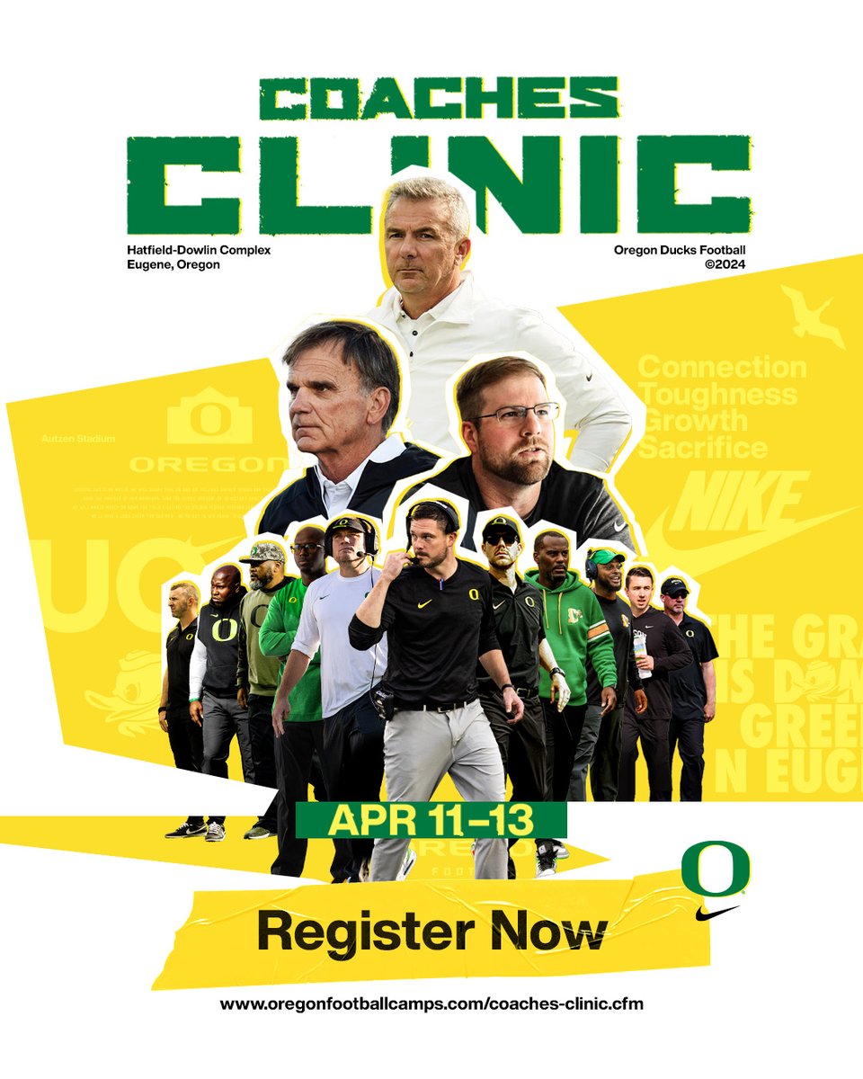 Spots are filling up fast for our 2024 Oregon Football Coaches Clinic, April 11–13. Register now! oregonfootballcamps.com/coaches-clinic… #GoDucks