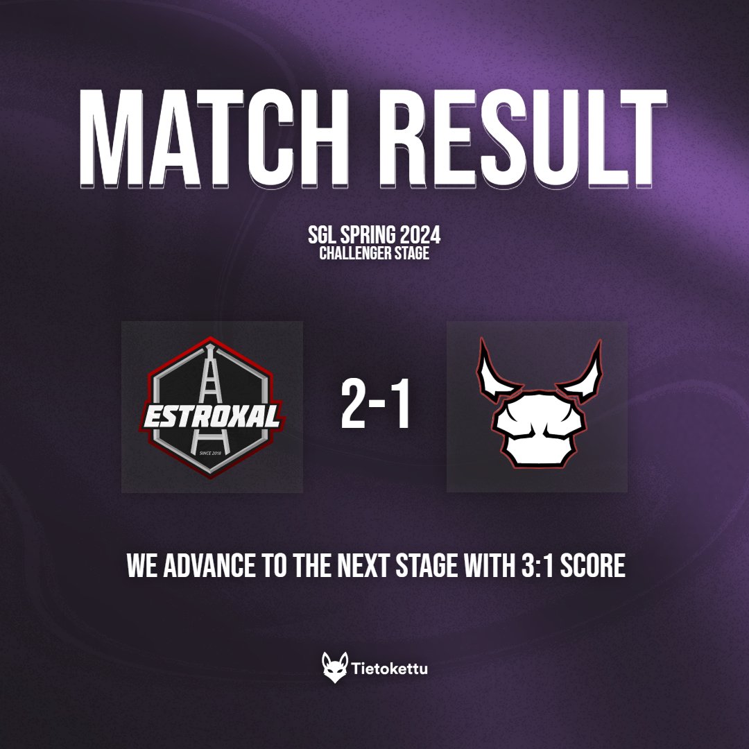 𝗪𝗲 𝘄𝗶𝗹𝗹 𝗮𝗱𝘃𝗮𝗻𝗰𝗲 𝘁𝗼 𝘁𝗵𝗲 𝗻𝗲𝘅𝘁 𝘀𝘁𝗮𝗴𝗲 𝘄𝗶𝘁𝗵 𝟯:𝟭 𝘀𝗰𝗼𝗿𝗲. 🔥

Estroxal 2-1 <a href="/n1ghtesports/">N1GHT</a> (Vertigo 11-13, Overpass 13-8, Ancient 13-11). 

#estroxal #esportsfi #lahest <a href="/EU_SGL/">SGL</a>