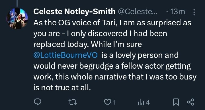 TylerPh32098952's tweet photo. @TheTangerin3Man @salvadorswitch @glitch_prod Voice actor Celeste who was the voice for a character named Tari featured in SMG4 and Glitch show Meta Runner was replaced without her knowledge, although she remains calm another big VA at glitch also is resigning for the unprofessionalism shown by Glitch https://t.co/41HjU4P3nY