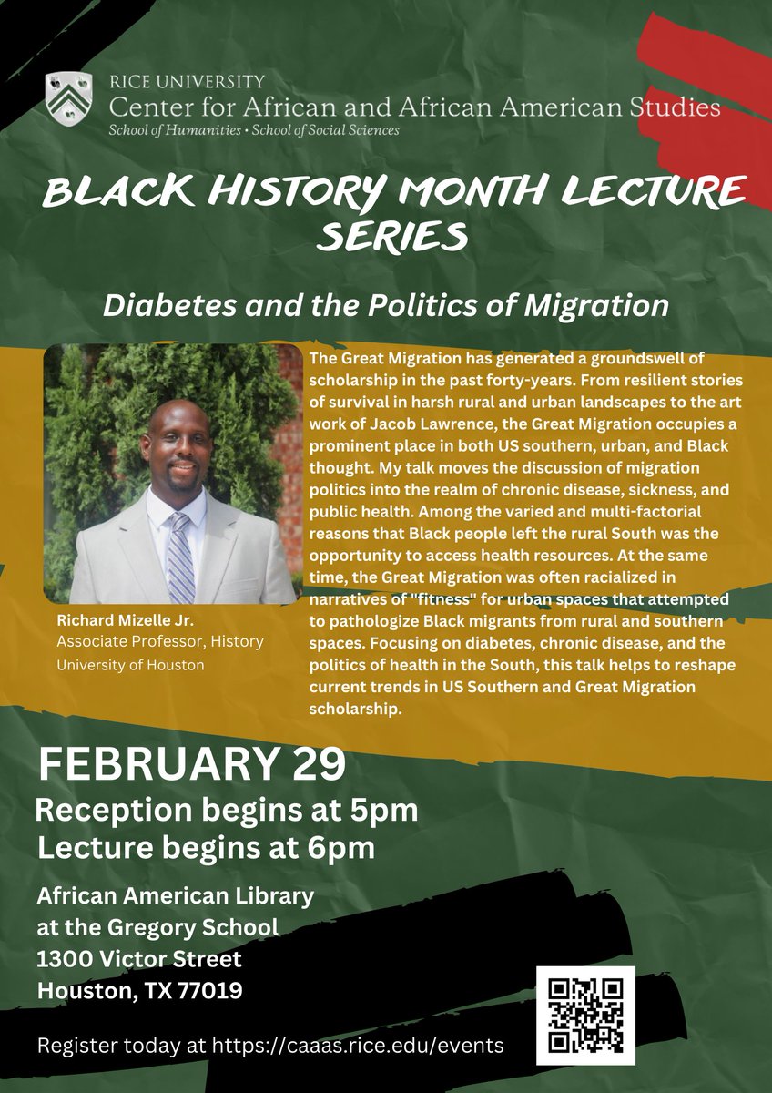 Join us this Thursday for Richard Mezelle Jr.'s discussion on "Diabetes and the Politics of Migration" for our Black History Month Lecture Series! @sherwinkbryant