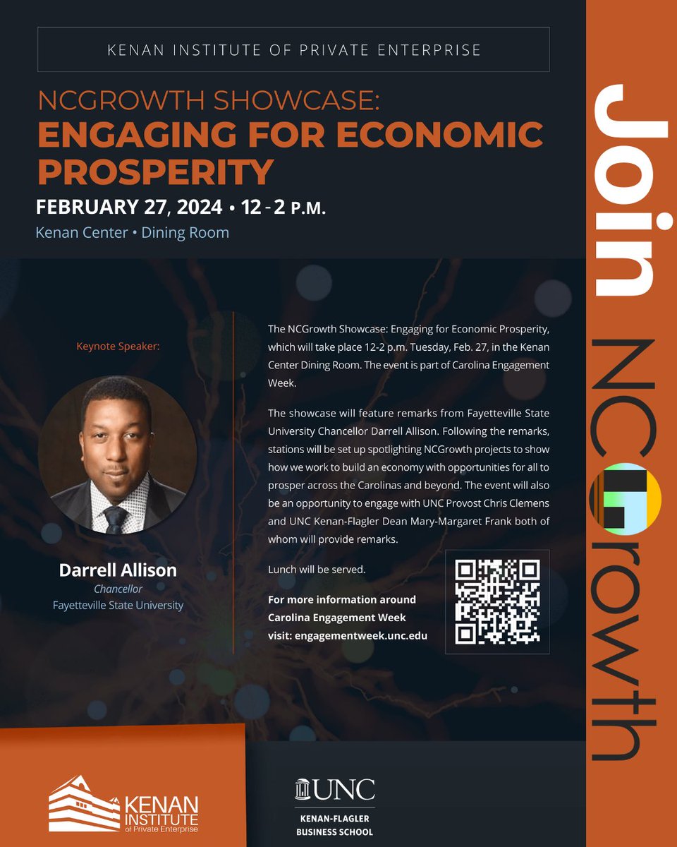 NCGrowth's tweet photo. Announcing our NCG Showcase: Engaging for Economic Prosperity on Feb. 27th, 12-2PM at the Kenan Center Dining Room! Remarks featuring FSU Chancellor Darrell Allison, moderated by our ED Mark Little. Lunch provided. 
Register at: https://t.co/4l9umzimlb https://t.co/tVMOLUb0De