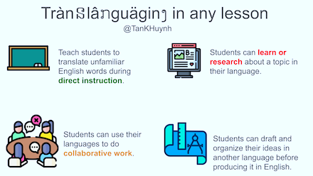 middleweb's tweet photo. NEW: Translanguaging Can Be Part of Any Lesson.
#elachat #sschat #scichat #mlchat #ellchat #ESL
By creating space for studentsโ languages (translanguaging) we give them tools to better understand content & more fully express themselves, says Tan Huynh.
https://t.co/A1dirlgEUy https://t.co/6BWo32Y5fn