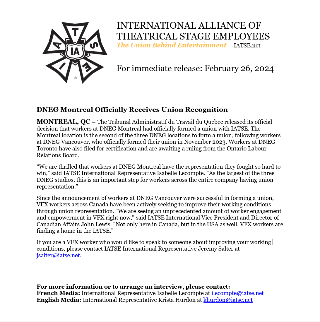 #VFX workers at DNEG Montreal will now be represented by the <a href="/IATSE/">IATSE // #IASolidarity</a>! Congratulations, and welcome to the IATSE family!! #union #StrongerTogether #UnionStrongAllDayLong

Communique here: tinyurl.com/2wm4uz8r