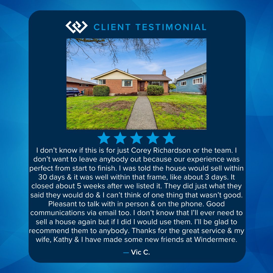 Great job Tim Fischer, Corey Richardson & Joe Aguilar! #wearewindermere #allinforyou #ourclientsmatter #windermereburien #testimonials #windermererealestate #happyclients