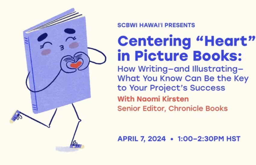 Join me for a virtual @SCBWIHawaii presentation where I'll be exploring how writing and illustrating “from the heart” can be key to your picture book's success. Register now, and see you on Zoom! (Adorable illustration by Druscilla Santiago.) 💜📕 scbwi.org/events/centeri…