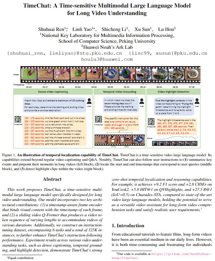 RenShuhuai's tweet photo. 🎉Thrilled to share that our TimeChat has been accepted by #CVPR2024!

TimeChat: A Time-sensitive Multimodal Large Language Model for Long Video Understanding

arxiv: https://t.co/rtNskp1K35
code: https://t.co/gByfipUS7q https://t.co/bMFZbyULBk