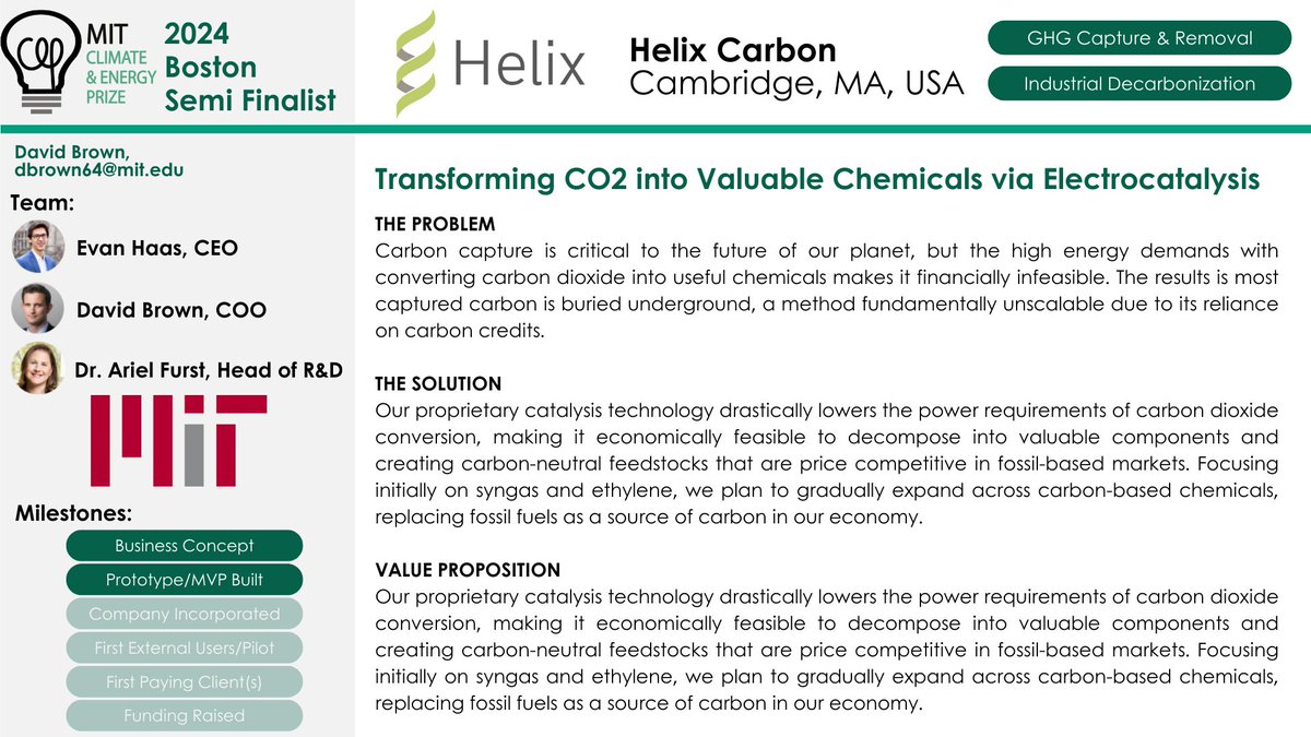 CEP 2024 Boston Semi-Finalist Spotlight 𝐇𝐞𝐥𝐢𝐱 𝐂𝐚𝐫𝐛𝐨𝐧 transforms CO2 into Valuable Chemicals via Electrocatalysis! Meet them in Boston on 3/7-8! Register: tinyurl.com/CEP24-BostonSF (Promo codes in the reply) @afurst1 @MIT @MITSloan @MITSloanSusty