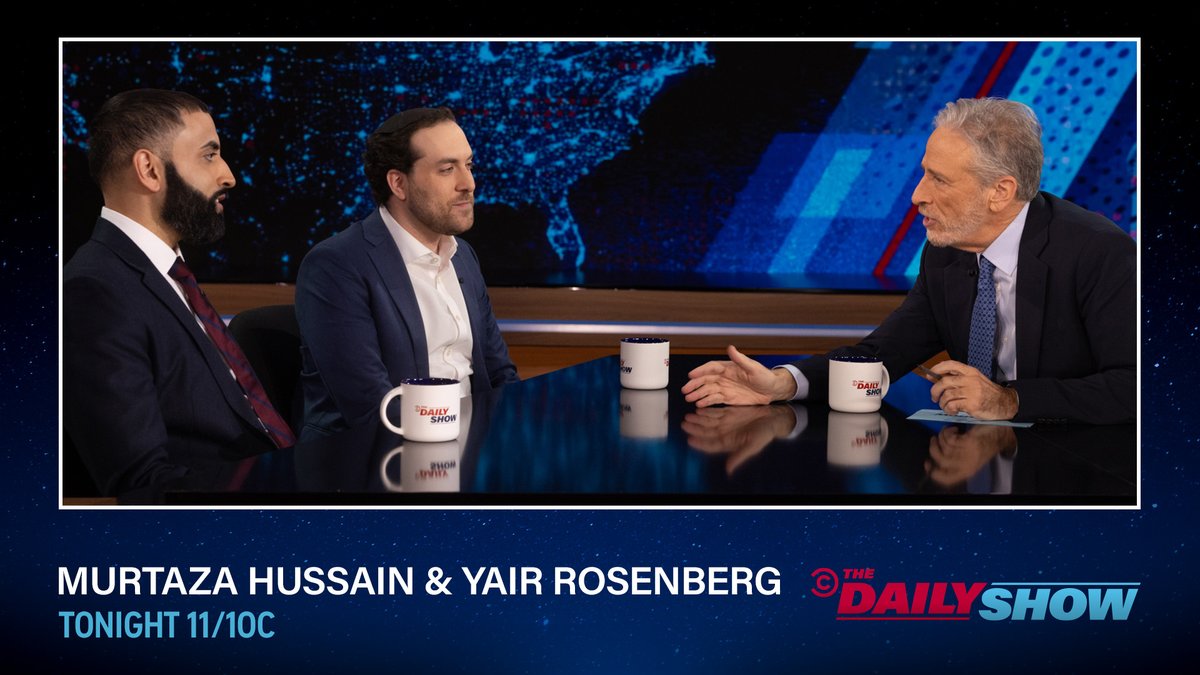 TONIGHT: @TheIntercept’s Murtaza Hussain (@MazMHussain) and @TheAtlantic’s @Yair_Rosenberg stop by to discuss paths to peace between Israel and Palestine with @jonstewart.