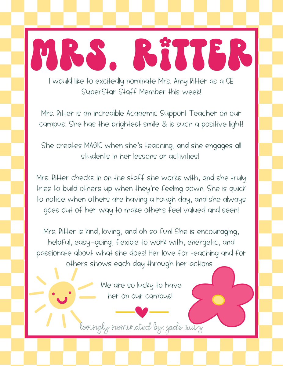 CimarronElem's tweet photo. Congratulations to Ms. Amy Ritter, this weekβs Cimarron SuperStar Staff Member! Ms. Ritter was nominated by Ms. Ruiz, and will hold the SuperStar trophy π this week! ππππππ
#cecheetahs #itsalwayssunnyand70atcimarron #readyforthenextphase #newmoonisrising https://t.co/UqKGvdD17l