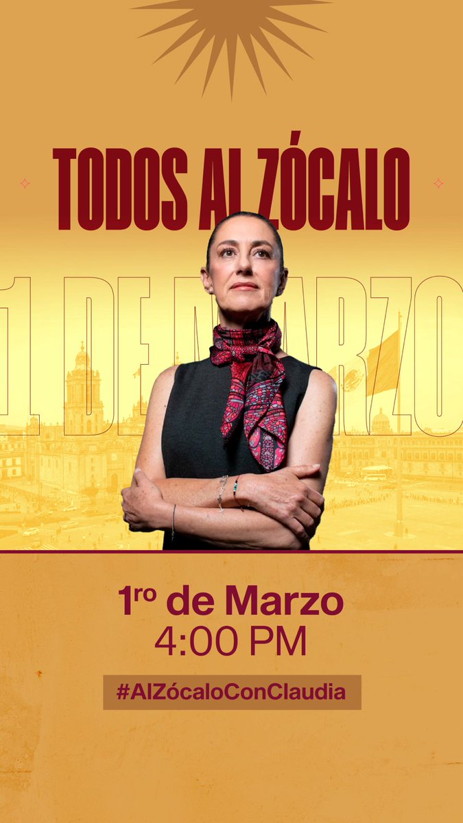 #ClaudiaPresidenta

Este primero de marzo #SigamosHaciendoHistoria en el #ZocaloCdmx 4:00 pm.

#ReginaOrozco
#EsTiempoDeMujeres