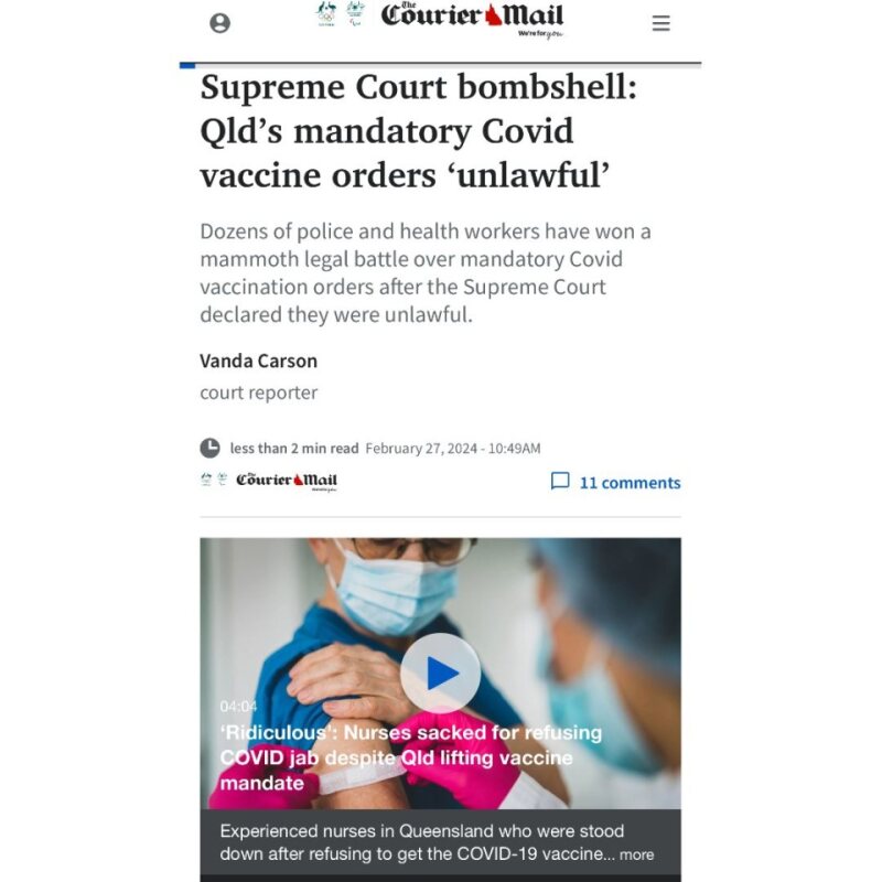 MRobertsQLD's tweet photo. As reported by the Courier Mail today, dozens of police and health workers including paramedics have won a mammoth legal battle over mandatory vaccination orders after the Supreme Court declared they were unlawful.

The QLD state government was taken to court by 74 people challenging vaccination directives in three separate applications before the court. Two related to police officers or civilian staff, while the third case related to Queensland Ambulance Service workers.

In the 115-page decision handed down by Justice Glenn Martin on Tuesday 27 February 2024, police commissioner Katarina Carroll’s direction for mandatory COVID-19 vaccination issued in December 2021 was declared unlawful under the Human Rights Act. 

The decision has banned her from taking any steps to enforce the direction.

#COVID19vaccine #HumanRightsViolations