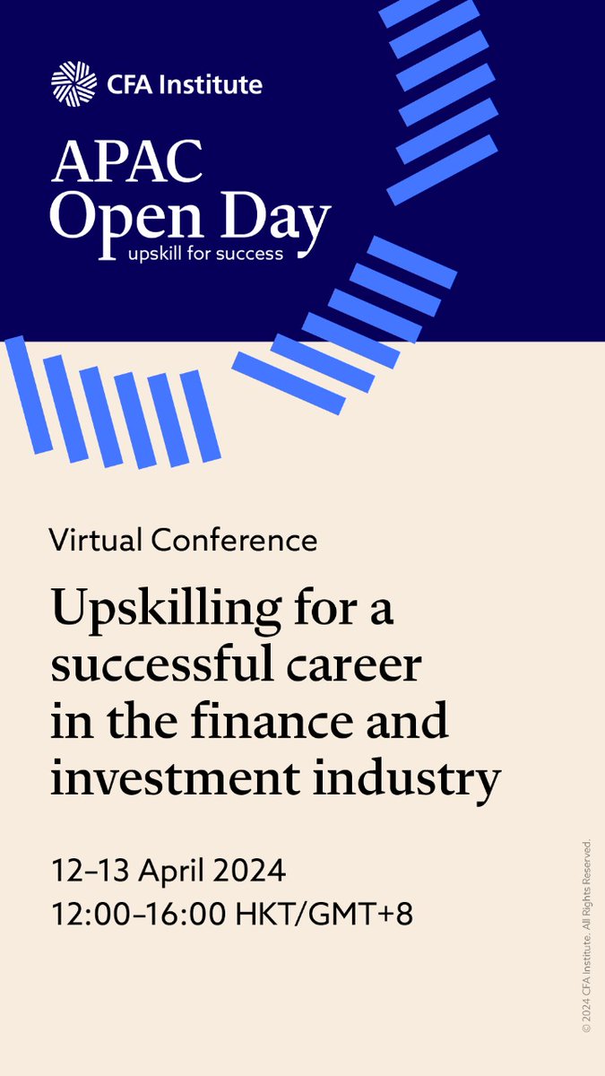 Join us for the CFA Institute APAC Open Day, a #virtualconference that will connect you with the experts and practitioners int he finance and investment field. Learn from their insights, advice, and experiences. 
Apply to attend: cfainst.is/APACOpenDay