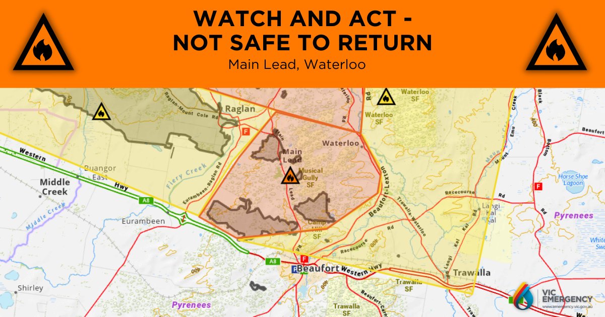 vicemergency's tweet image. This Watch &amp;amp; Act - Bushfire - Not Safe to Return is for Main Lead, Waterloo.

More details at emergency.vic.gov.au/respond/
It is Not Safe to Return.

Anyone still in these areas should leave tonight (Tuesday 27 February) or early tomorrow morning (Wednesday 28 February).