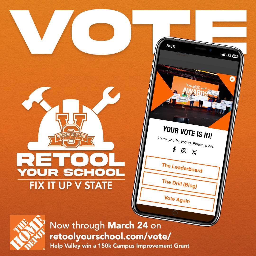 VOTE! VOTE!! VOTE!!! Click the link to vote for MVSU AS MANY TIMES AS YOU WANT in Cluster 2! 🔗: retoolyourschool.com/vote #HBCU #MVSU #MVSU1950 #FixItUp