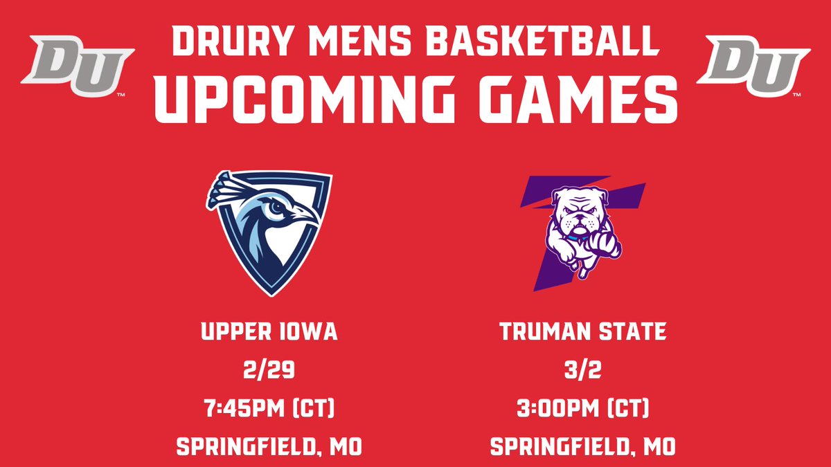 DruryMBB's tweet photo. Panthers are back at Home this week!!

Thursday vs Upper Iowa at 7:45pm
Saturday vs Truman State at 3:00pm

Come support our 2 Seniors on Saturday for Senior Day! 

Thank You Riley Naeger &amp; Adam Moore!

Once a Panther, Always a Panther

#Team115
#DUwork https://t.co/gn3wgFxb02