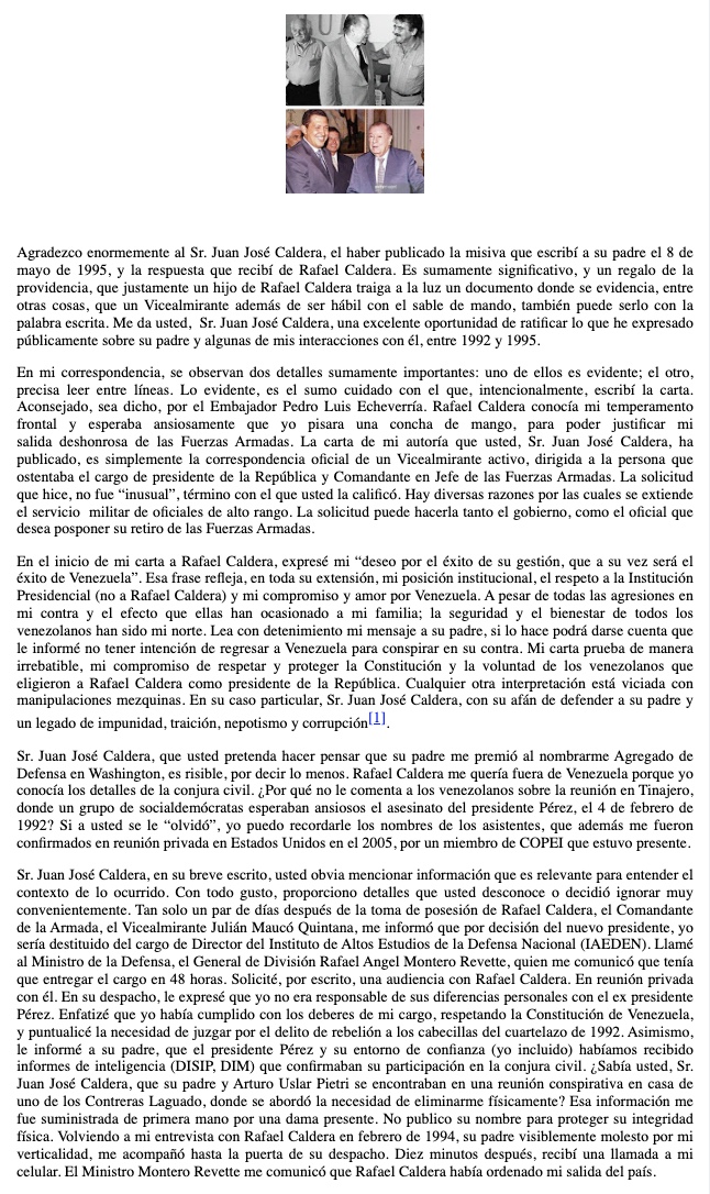 MiCarratu's tweet photo. Por medio de esta Carta Abierta, respondo al escrito del Sr. Juan José Caldera, titulado “Las mentiras de Carratú”, al que anexó una carta que dirigí en 1995, a quien ostentaba el cargo de presidente de la República. Me han informado que el escrito del Sr. Caldera fue publicado en @la_patilla  @ElNacionalWeb, por lo que  solicito mi derecho a réplica. Adicionalmente, solicito que mi Carta Abierta sea publicada en su totalidad y difundida tal como fue difundido el escrito del Sr. Caldera.

En enlace a mi Carta Abierta, en mi blog Bitácora 👇
https://t.co/Jfcbefcshv

#DiosYPatria