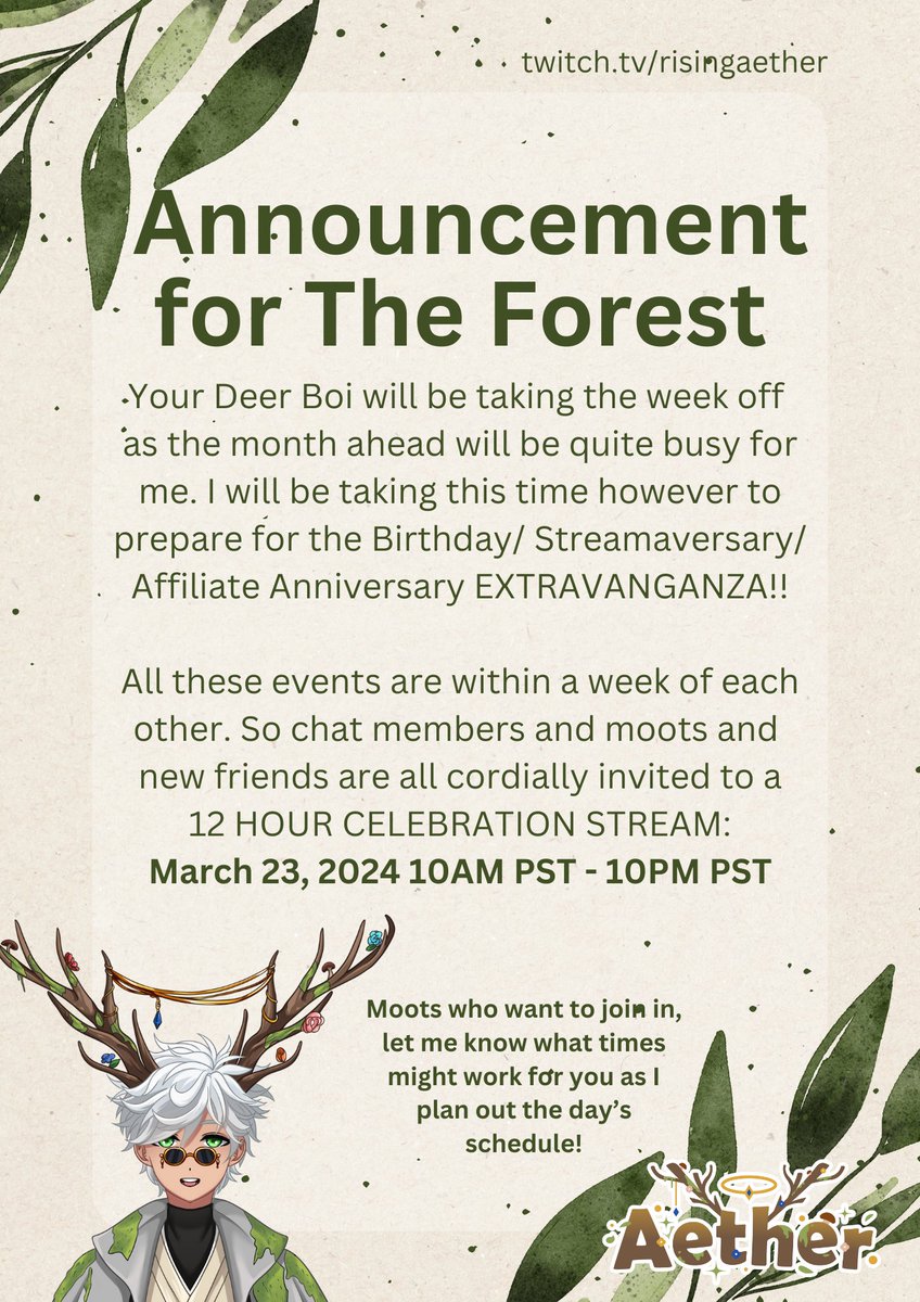 RisingAether's tweet photo. An important announcement!! We will be gone for a bit, but I hope you're all ready. We're talking shiny hunts, collabs, Gundam building, tcg openings, giveaways, deer, fun, DEER, etc!
Will miss you all this week, but I'll see you soon!
-Aether
#VTuberUprising #RAether https://t.co/U3Dn9F6HWg