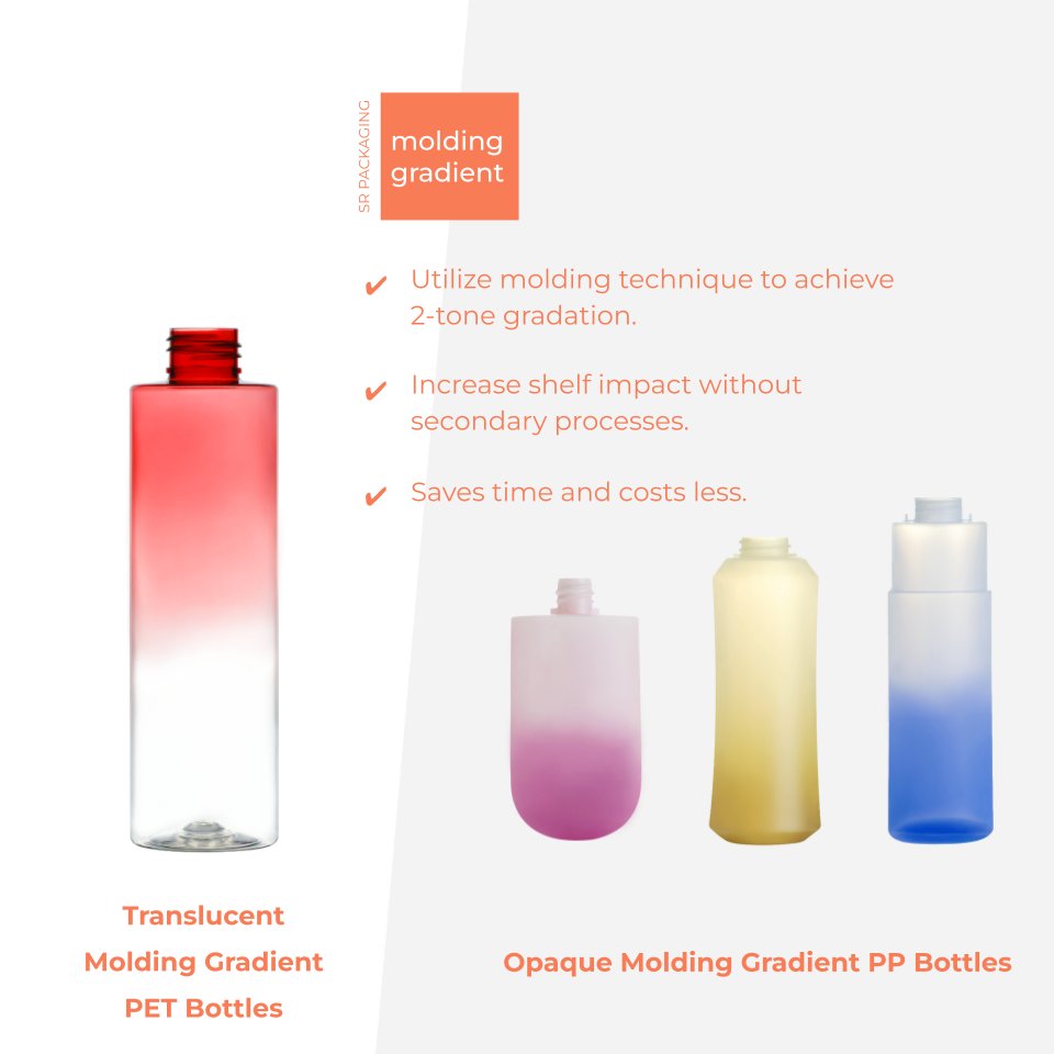 Translucent #MoldingGradient #PETBottles
Opaque #Molding #Gradient #PPBottles

srpackaging.com/decoration/det…

Utilize molding technique to achieve 2-tone gradation.
Increase shelf impact without secondary processes.
Saves time and costs less.

#packagingdesign #packagingdecoration