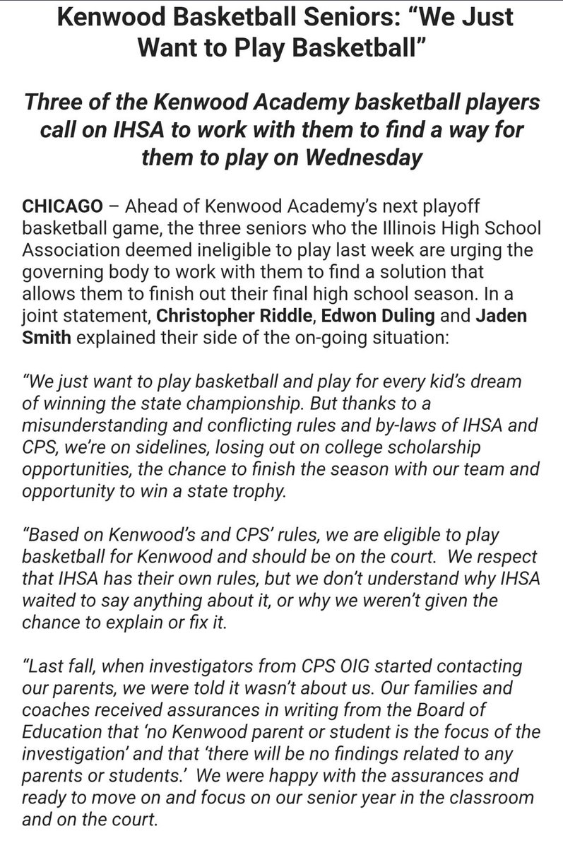 ShannonStraw's tweet photo. Last week in an 11th hour move, IHSA decided 5 Kenwood Academy basketball players, including 3 seniors, were ineligible to play in the state tournament. 

The seniors are urging IHSA to let them play basketball. 👇🏻 https://t.co/YZZj6nEGU0