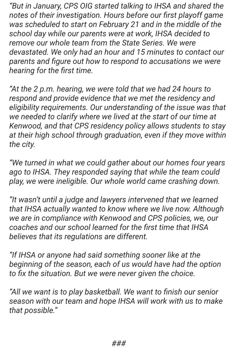 ShannonStraw's tweet photo. Last week in an 11th hour move, IHSA decided 5 Kenwood Academy basketball players, including 3 seniors, were ineligible to play in the state tournament. 

The seniors are urging IHSA to let them play basketball. 👇🏻 https://t.co/YZZj6nEGU0