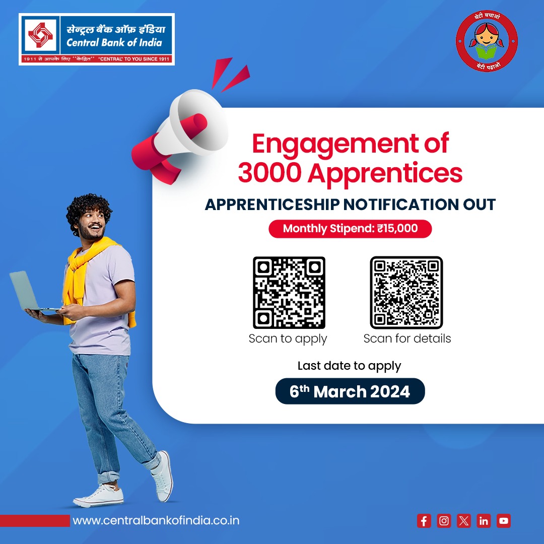 centralbank_in's tweet photo. Visit this link to apply - https://t.co/jNqBjr8ZsF 
Visit this link to find details - https://t.co/0rt9MefdIn

#Apprenticeship #CentralBankOfIndia #CentralToYouSince1911 https://t.co/zVHoMB6OP1
