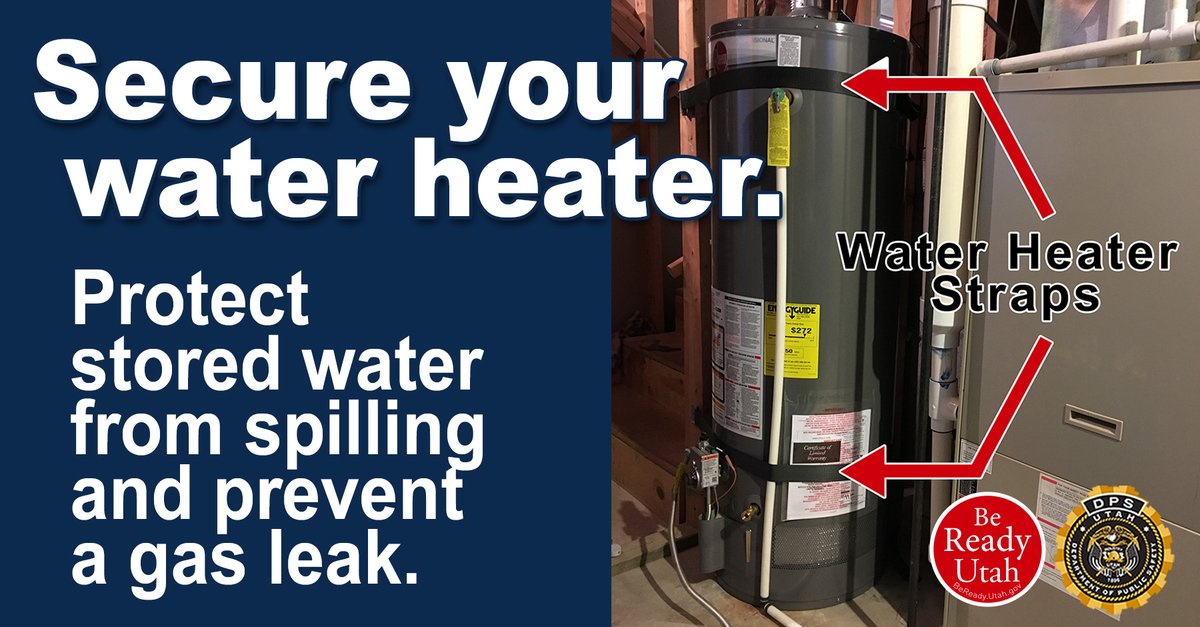 BeReadyUtah's tweet photo. #Prepare for an emergency: Learn emergency sources of water. You may have 40 gallons ready to drink. Secure your water heater to protect the water from spilling out and to prevent a gas leak. Learn more about water storage from 20 to Ready: https://t.co/0ftlzenAUd. https://t.co/9vfrZy5Uax
