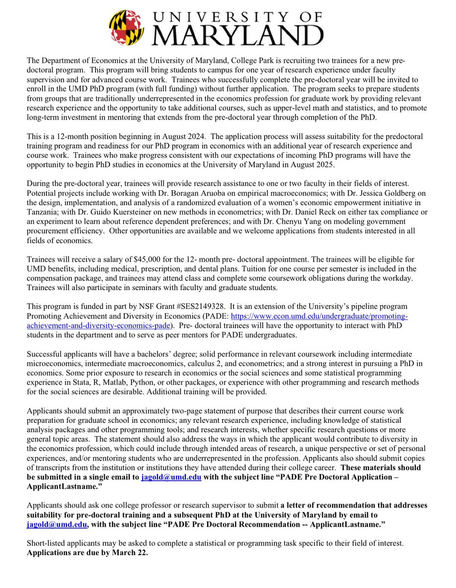 UMD Econ is recruiting for a new pre doc. Come spend one year gaining research experience with faculty mentors + taking classes, and stay for the PhD! This NSF-funded program is intended to increase diversity in econ and builds on our undergrad pipeline program. Apps due 3/22.