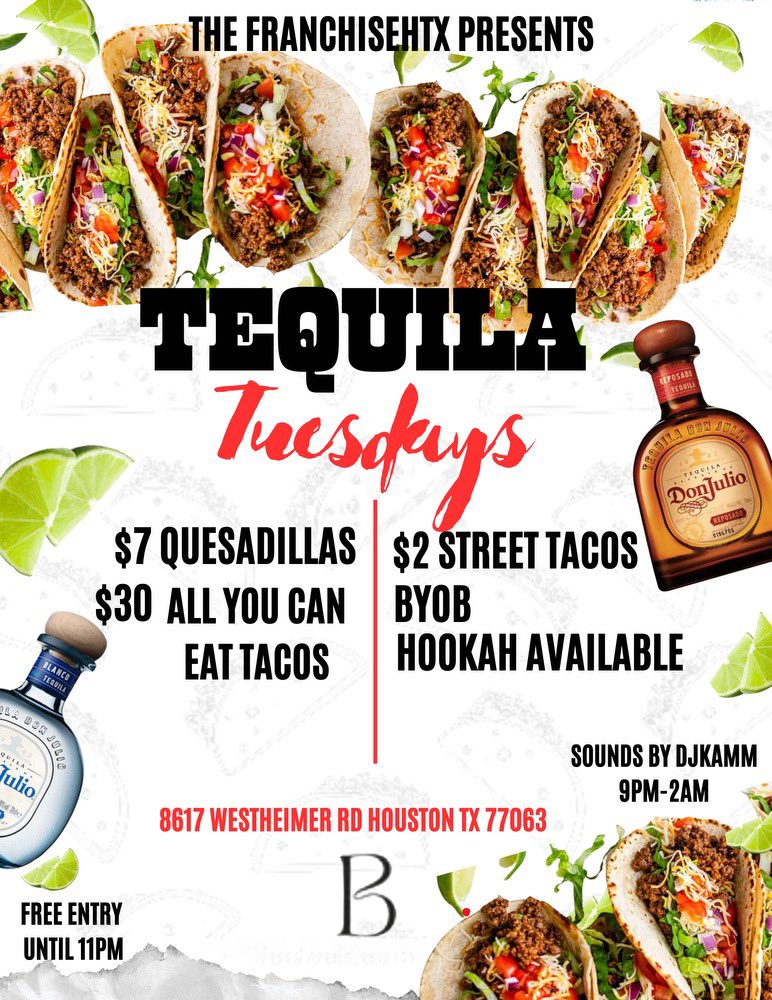 jerwanyee's tweet photo. All New Tequila Tuesdays ๐ฎ@bonjourloungehtx BYOB and Hookah Available! 9pm-2am Each and Every Tuesday Dm to Book your Reservations now ๐ฅ๐ฒ๐ #houstontexas #houstonnightlife #htxtacotuesday #htxclubs #htxnightlife https://t.co/e1BbQMHFjs