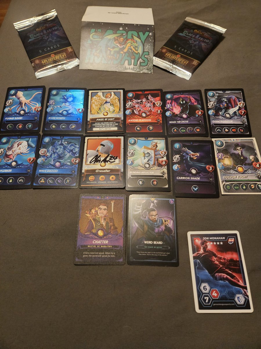 _Canada804's tweet image. I want to give a massive shout-out to @BlockchainCards, aka @reseller for coming through with this deal. I now have real, tangible @splinterlands cards. I even got a @WeirdBeardYT and Chatter. River Nymph and Wave Brood are shiny cards. He threw a @GenesisLSports in there too.
