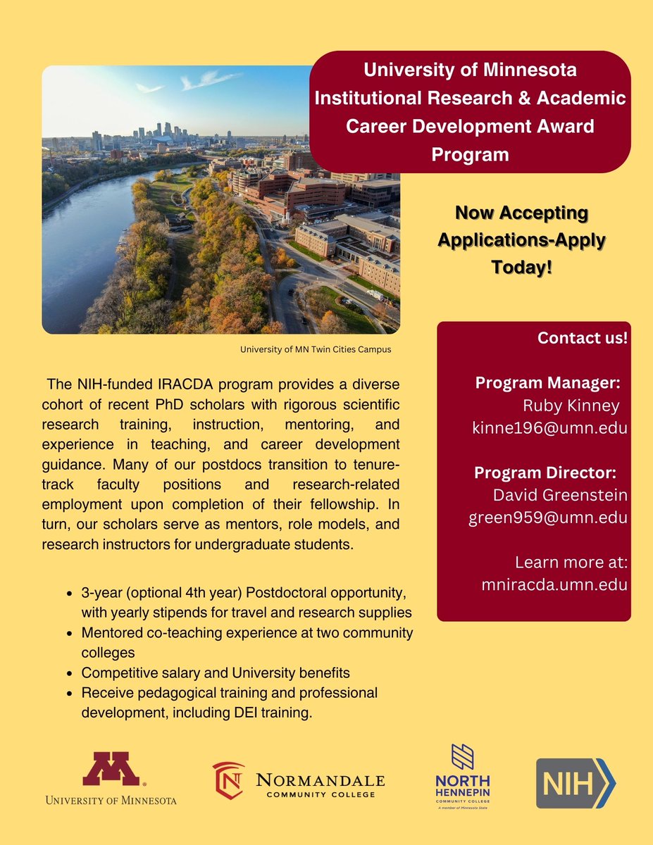 The UMN IRACDA program has positions open to fund postdoctoral scholars interested in doing research and teaching! Happy to talk to interested scientists!