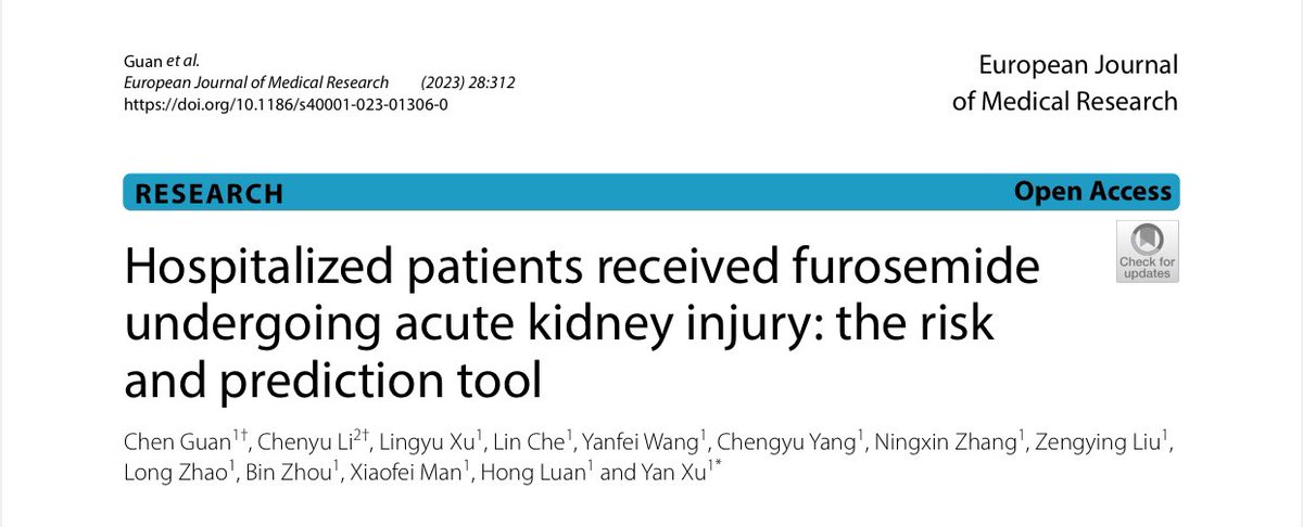 DiegoEscarraman's tweet photo. Hospitalized patients received furosemide
undergoing acute kidney injury: the risk
and prediction tool
#AventhoAnestesia #AVENTHO #SMMCE 

⚠︎ Cohorte retrospectivo
11,178 pacientes

❶ Dosis
20 - 39mg/día ⇧ moderado riesgo lesión renal aguda 
>40mg/día ⇧ elevado riesgo LRA 

➋ ⇧ riego incluso en paciente con características clínicas normales

❸ Furosemida en pacientes postoperados (RR=1.59; IC95% 1.47-1.72 = ⇧ riesgo LRA)
 
En este contexto, la administración de furosemida puede exacerbar la contracción del volumen intravascular, particularmente durante el período postoperatorio cuando los líquidos se redistribuyen del espacio intravascular al extracelular.