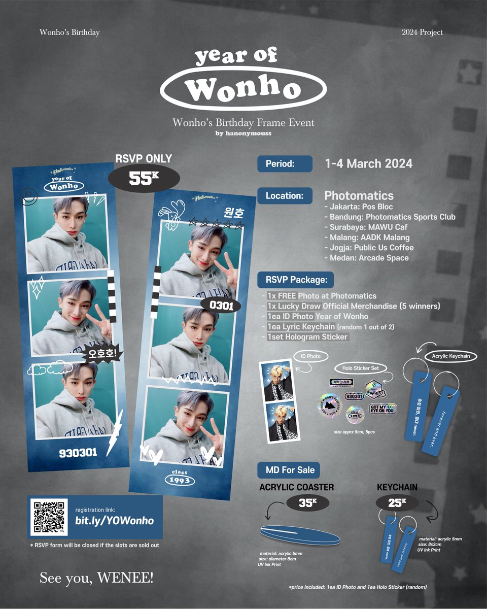 ✨𝒀𝒆𝒂𝒓 𝒐𝒇 𝑾𝒐𝒏𝒉𝒐✨ 2024 Frame Photo Event for Wonho Birthday at Photomatics 📆 Date: 1-4 March 2024 📍 Place: 6 cities in Indonesia RSVP: bit.ly/YOWonho #YearofWonho #WONHO #원호 @official__wonho @official_WH_jp