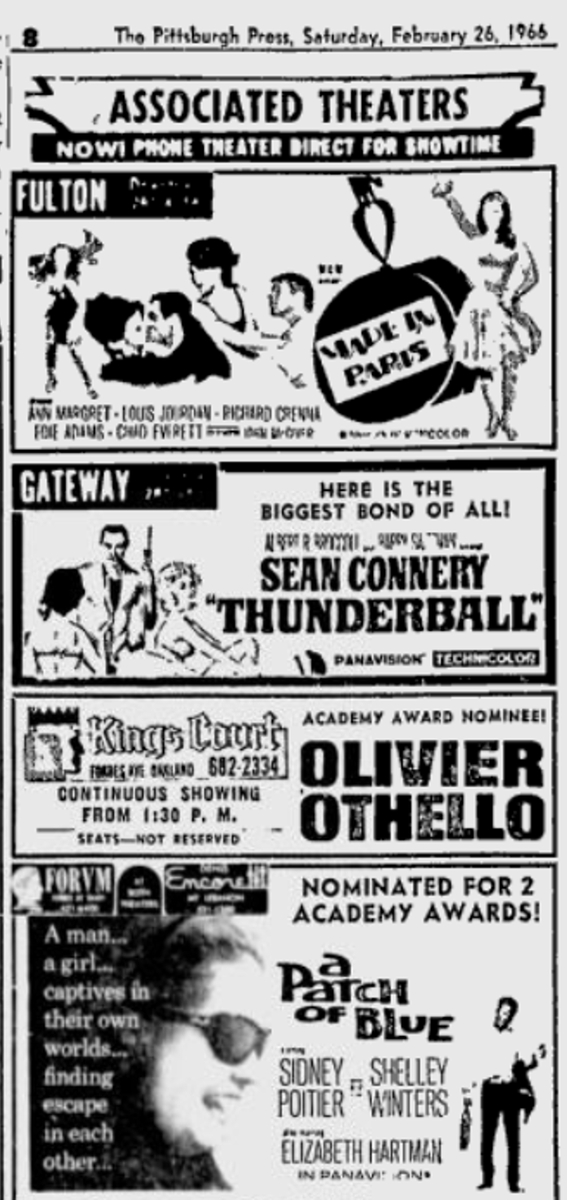 Joek72's tweet photo. Pittsburgh Press Movie Ad from This Day in 1966. Feb 26th 1966 because of the Release Year of Fantastic Voyage. 3 of The Films are Oscar Winning or Nominated Movies. #Thunderball #OlivierOthello #APatchofBlue #31DaysofOscar #Pittsburgh #FilmTwitter  #TCMParty https://t.co/431nIjHZuo