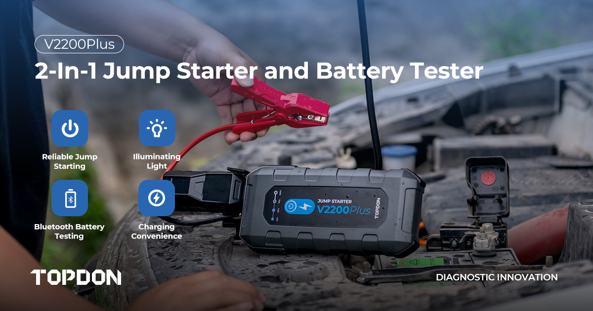 Introducing the V2200Plus: your essential 2-in-1 jump starter and battery tester. With up to 35 jump starts per charge, Bluetooth monitoring, and device charging capabilities, it's peace of mind in a sleek design. #topdon #V2200plus #jumpstarter #batterytester