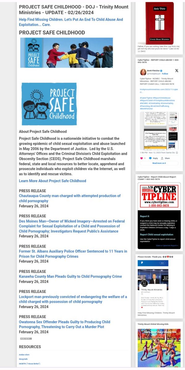 TrinityMount's tweet photo. PROJECT SAFE CHILDHOOD - DOJ - Trinity Mount Ministries - UPDATE - 02/26/2024
https://t.co/8NvKz3tdta
#TrinityMountMinistries #ProjectSafeChildhood #ChildPredatorsConvicted #ChildSafety #OnlineSafety #LawEnforcement #Police #DOJ #DHS #FBI #CyberTipline #EndChildTrafficking #ReportChildAbuse #ReportCSAM #BrettFletcher
Trinity Mount Ministries
https://t.co/HuvwDRHyKA