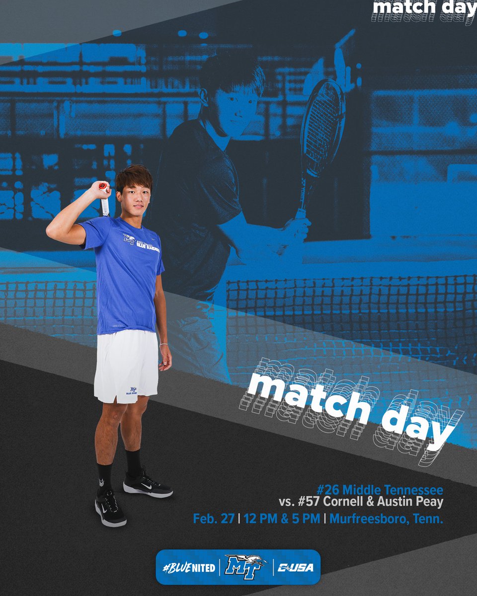 MT_MensTennis's tweet photo. We've got ✌️ matches!

🆚 #57 Cornell &amp; Austin Peay
⏰ 12 PM CT &amp; 5 PM CT
📍 Adams Tennis Complex
📺 (Cornell) https://t.co/93K0Wagq6F
📺 (APSU) https://t.co/NLg5DNC5jk
📊 https://t.co/aQX1cgooqo

#BLUEnited https://t.co/EEVyyn18Mw