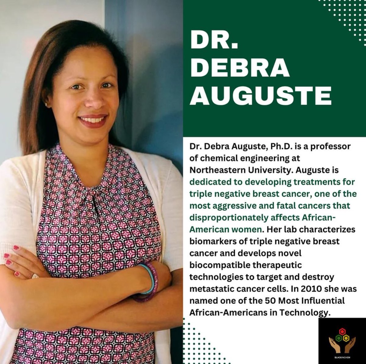 BlackInChem's tweet photo. Dr. Debra Auguste, is a ChemE professor at @Northeastern. Dedicated to developing treatments for 3x(-) breast cancer, one of the most aggressive and fatal cancers that disproportionately affects African-American women. Her lab characterizes biomarkers but learn more below 😉👇🏾 https://t.co/ukUV4LDdNt