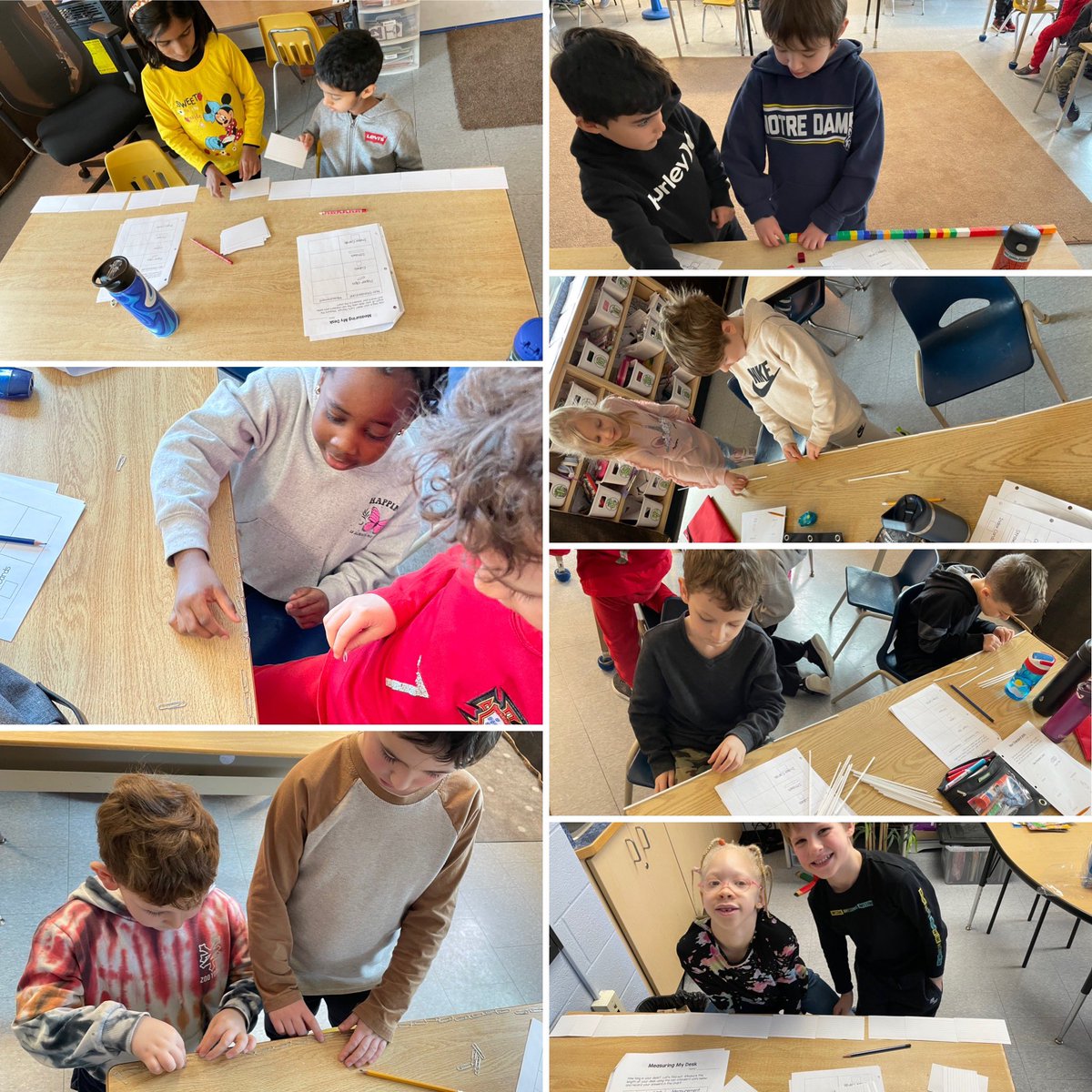MissKnott10's tweet photo. We are learning to measure using non-standard units. Today we measured the length of our tables using paper clips, snap cubes, index cards and straws. The Gr. 1’s ensured there were no gaps, worked from one side to the other, and that the units were all the same size. Great work! https://t.co/M87U9ecFkT