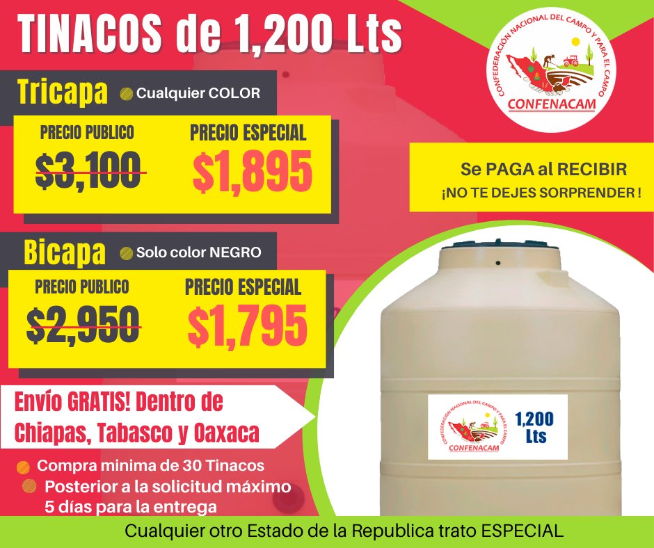 confenacam's tweet photo. 𝐂𝐎𝐍𝐅𝐄𝐍𝐀𝐂𝐀𝐌 || 𝐓𝐢𝐧𝐚𝐜𝐨 𝐝𝐞 𝟏𝟐𝟎𝟎 𝐋𝐢𝐭𝐫𝐨𝐬 𝐓𝐫𝐢𝐜𝐚𝐩𝐚 𝐲 𝐁𝐢𝐜𝐚𝐩𝐚 𝐚 𝐁𝐀𝐉𝐎 𝐂𝐎𝐒𝐓𝐎 

Haz tu Pedido y PAGA hasta que RECIBAS, @ConfenacamMx no solicita #Anticipos.

#SomosCONFENACAM https://t.co/KIwAr8hnWZ